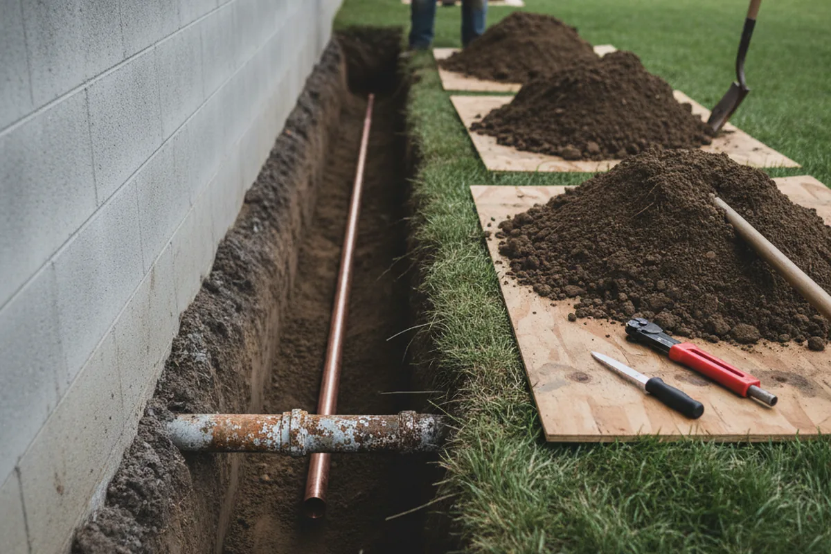 Excavated water line trench during Sewer Line Repair in Newbury